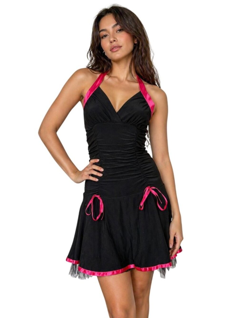 Taboo Y2K Black Pink Halter Dress Womens Medium Ruched Bodycon Fairycore Goth Mi